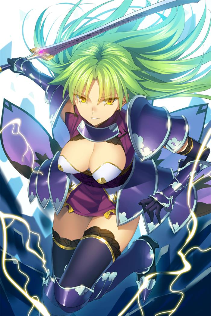 1girl bangs breasts copyright_request faulds green_hair holding holding_sword holding_weapon large_breasts long_hair official_art parted_bangs parted_lips pauldrons purple_legwear reverse_grip smile solo sword thigh-highs tsurime weapon yangsion yellow_eyes