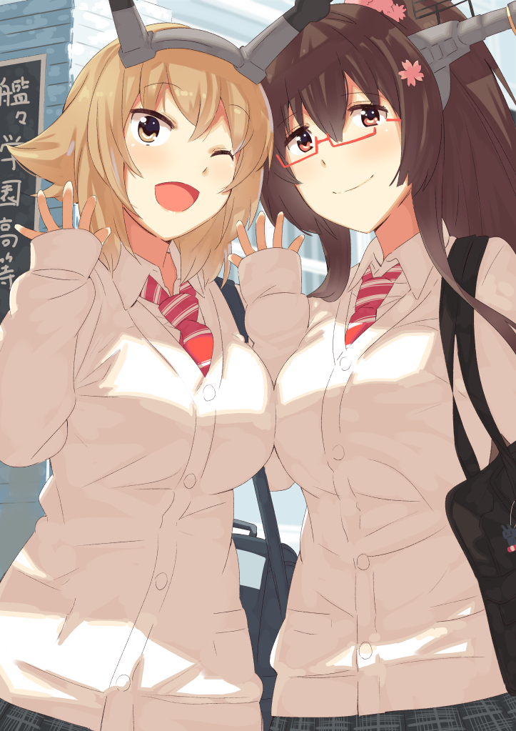 2girls alternate_costume bespectacled black_skirt blouse breasts brown_eyes brown_hair buttons commentary_request flower glasses hair_between_eyes hair_flower hair_ornament headgear kantai_collection large_breasts long_hair long_sleeves multiple_girls mutsu_(kantai_collection) necktie one_eye_closed open_mouth pink_flower ponytail red-framed_eyewear red_neckwear school_uniform short_hair skirt smile tonari_no_kai_keruberosu white_blouse yamato_(kantai_collection)