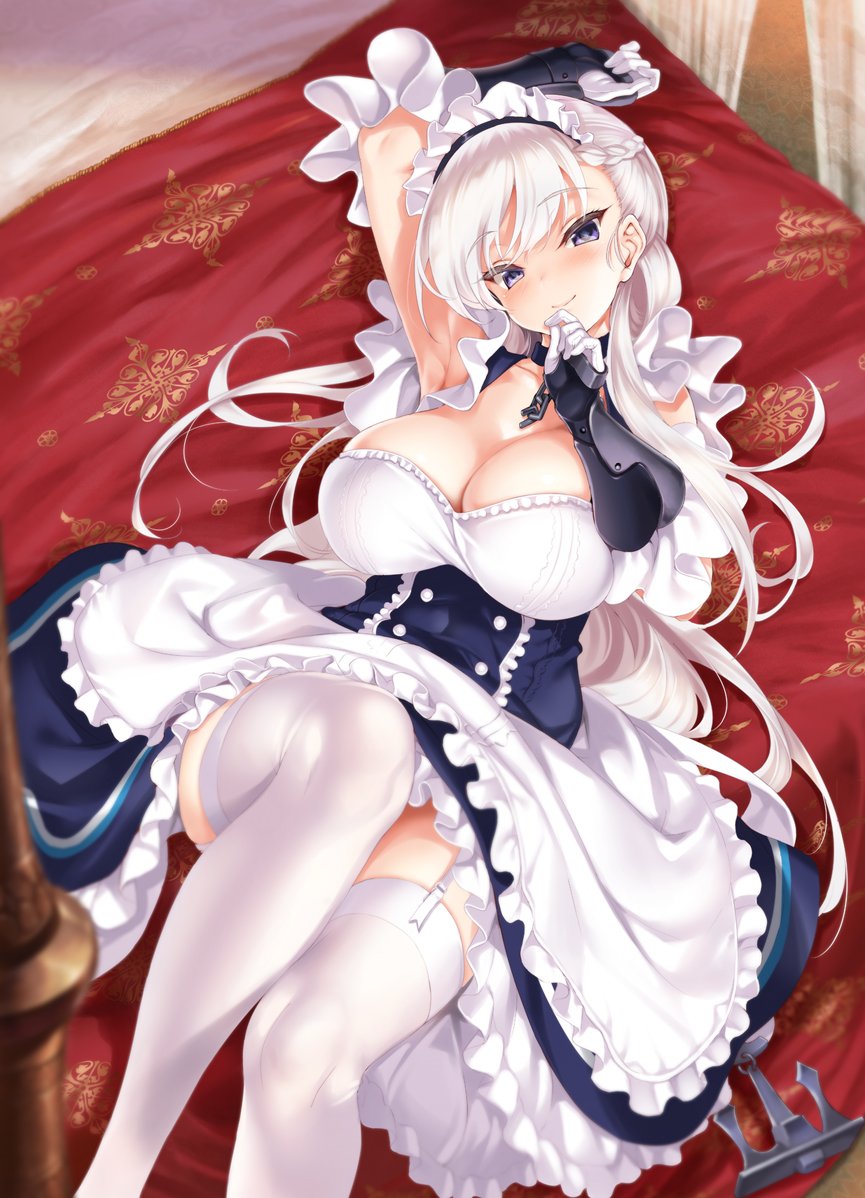 1girl anchor apron arm_up armpits azur_lane bangs bed bed_sheet belfast_(azur_lane) blush braid breasts canopy_bed chains choker cleavage collar collarbone dress french_braid garter_straps gauntlets gloves hand_on_own_chin huge_breasts kure_masahiro long_hair looking_at_viewer lying maid maid_headdress on_back on_bed silver_hair smile solo swept_bangs thigh-highs violet_eyes white_gloves white_legwear