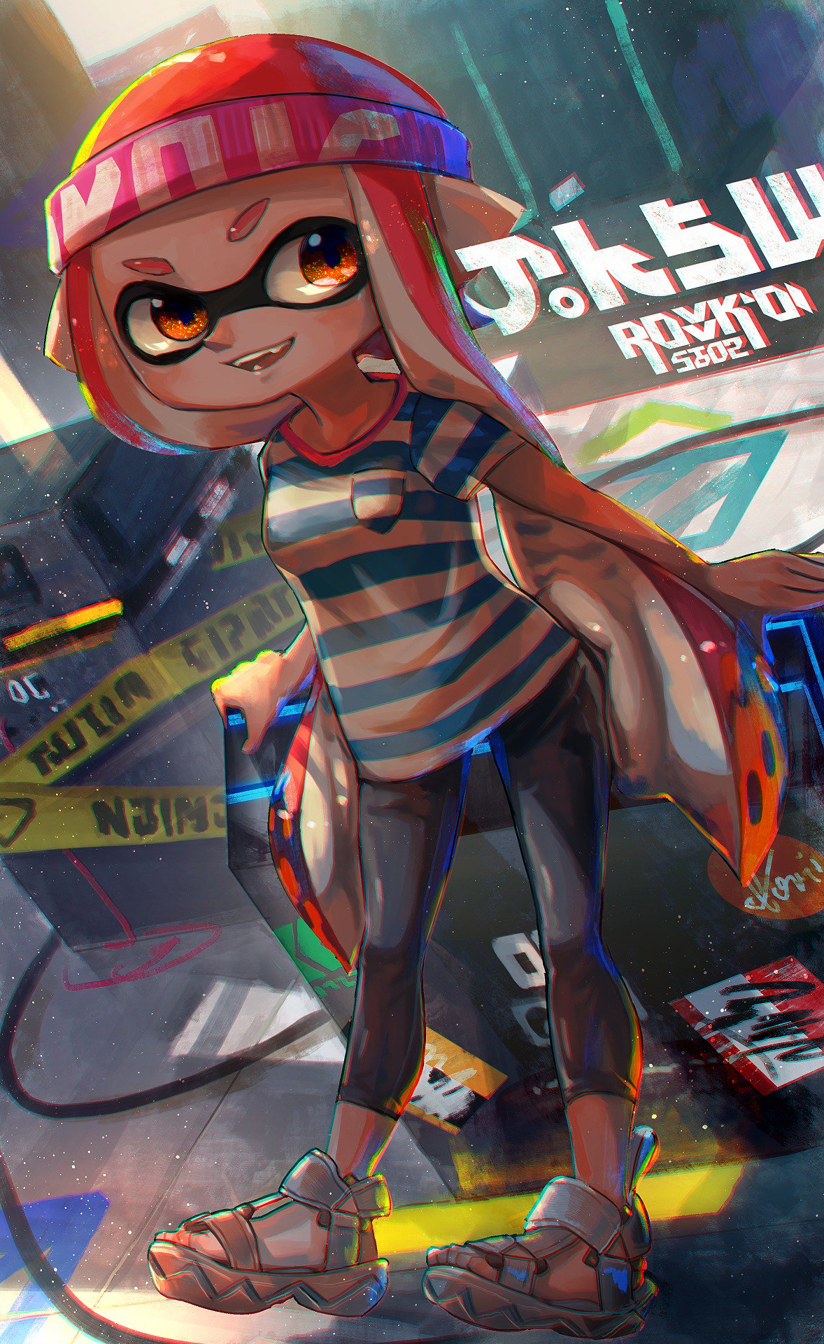 1girl :d beanie black_pants blue_shirt breast_pocket cable chromatic_aberration commentary_request domino_mask fangs full_body grey_footwear hat highres inkling inkling_(language) kashu_(hizake) leaning_back long_hair looking_at_viewer mask monster_girl open_mouth orange_eyes orange_hat pants pocket pointy_ears redhead sandals shirt short_eyebrows short_sleeves smile solo splatoon splatoon_2 standing striped striped_shirt tentacle_hair v-shaped_eyebrows very_long_hair white_shirt