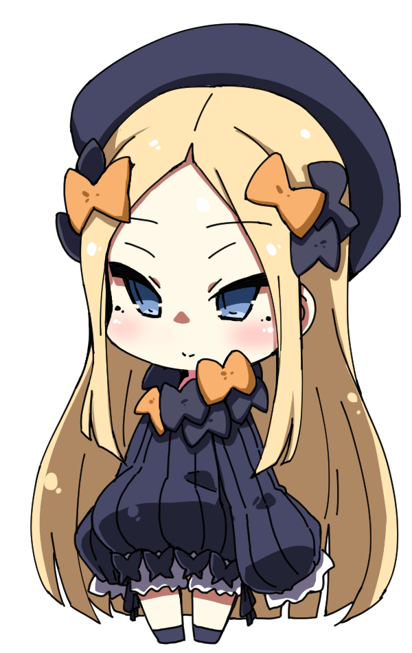 1girl abigail_williams_(fate/grand_order) bangs black_bow black_dress black_footwear black_hat blonde_hair bloomers blue_eyes blush bow butterfly chibi closed_mouth dress eyebrows_visible_through_hair fate/grand_order fate_(series) full_body hair_bow hands_in_sleeves hat head_tilt kaname_nagi long_sleeves looking_at_viewer object_hug orange_bow parted_bangs polka_dot polka_dot_bow shoes simple_background smile solo standing stuffed_animal stuffed_toy teddy_bear underwear white_background white_bloomers