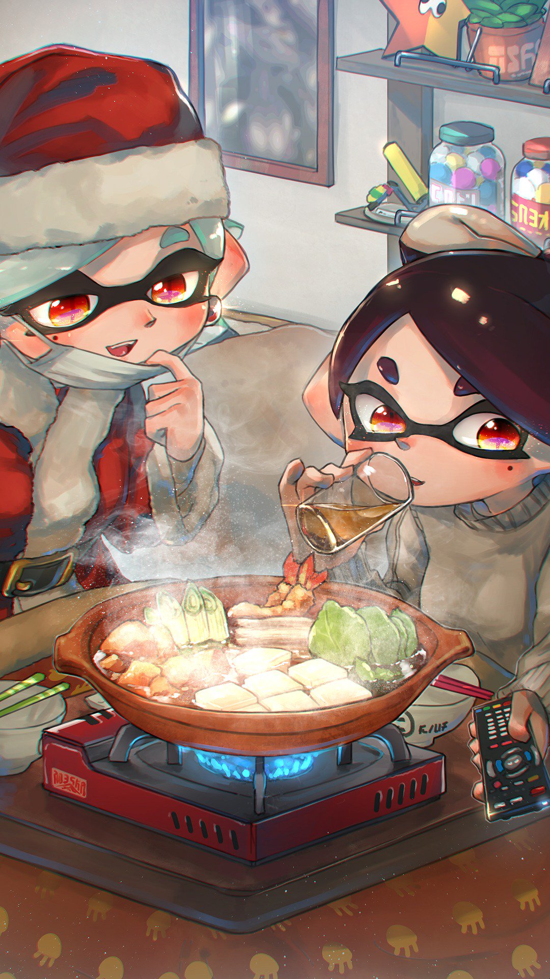 +_+ 2girls :d aori_(splatoon) belt_buckle black_belt black_hair bowl buckle cabbage chopsticks controller cooking cousins cup domino_mask drinking drinking_glass earrings face_mask fire food grey_sweater hat highres holding hotaru_(splatoon) indoors inkling_(language) jar jewelry kashu_(hizake) kotatsu long_sleeves looking_away looking_down mask mask_pull mole mole_under_eye monster_girl multiple_girls open_mouth photo_(object) plant pointy_ears portable_stove potted_plant red_eyes remote_control santa_costume santa_hat shelf short_eyebrows short_hair shrimp shrimp_tempura silver_hair smile splatoon splatoon_1 spring_onion steam table tempura tentacle_hair tofu