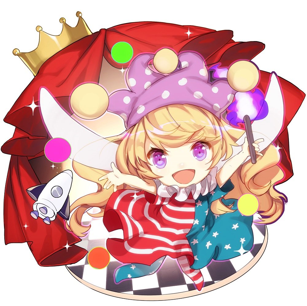 1girl american_flag_dress american_flag_legwear blonde_hair checkered checkered_floor chibi clownpiece crown curtains fairy_wings fire hat jester_cap long_hair neck_ruff no-kan open_mouth pantyhose pink_eyes polka_dot simple_background smile solo space_craft star star_print striped torch touhou very_long_hair white_background wings