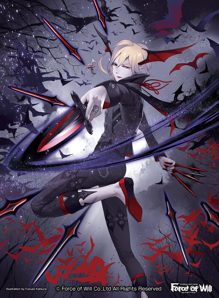 1boy back bat bat_wings blonde_hair copyright_name dagger fangs force_of_will fukuzou male_focus official_art open_mouth pointy_ears red_eyes solo sparkle vampire weapon wings