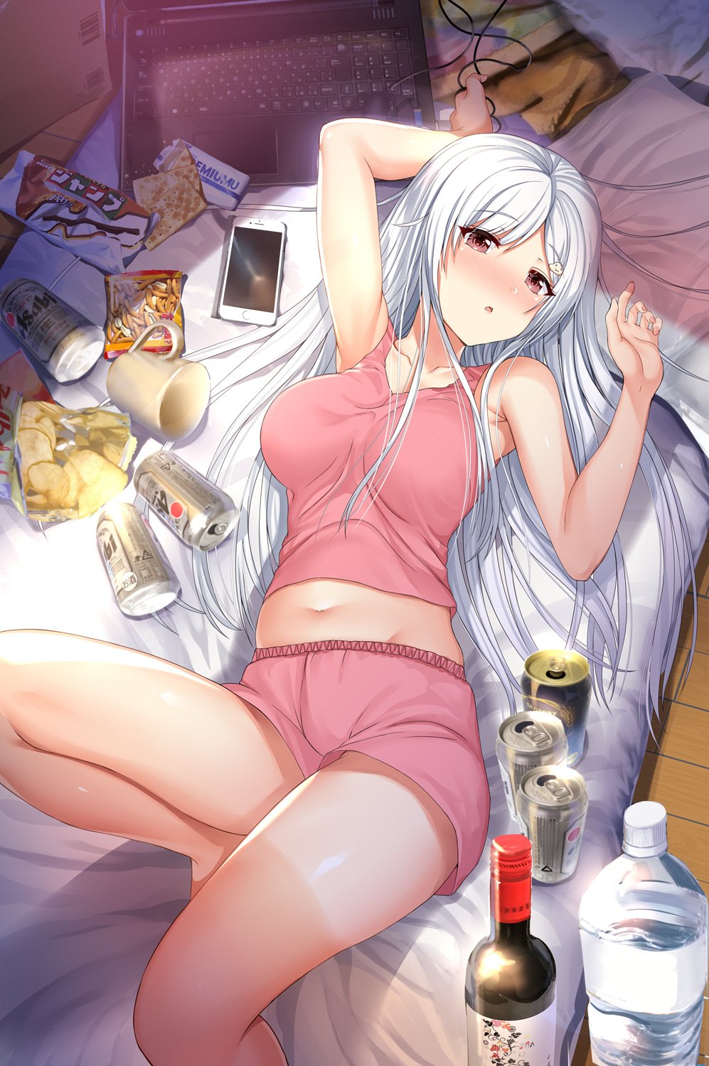 1girl arm_up bare_arms bare_legs bare_shoulders beer_can blush bottle box boyshorts breasts cable can cardboard_box cellphone chips computer cracker cup eyebrows_visible_through_hair feet_out_of_frame fingernails food futon hair_ornament hairclip highres indoors laptop large_breasts long_hair looking_at_viewer lying messy_room nail_polish neeko nose_blush on_back original parted_lips phone pink_nails pink_shirt potato_chips shirt sleeveless sleeveless_shirt smartphone solo water_bottle