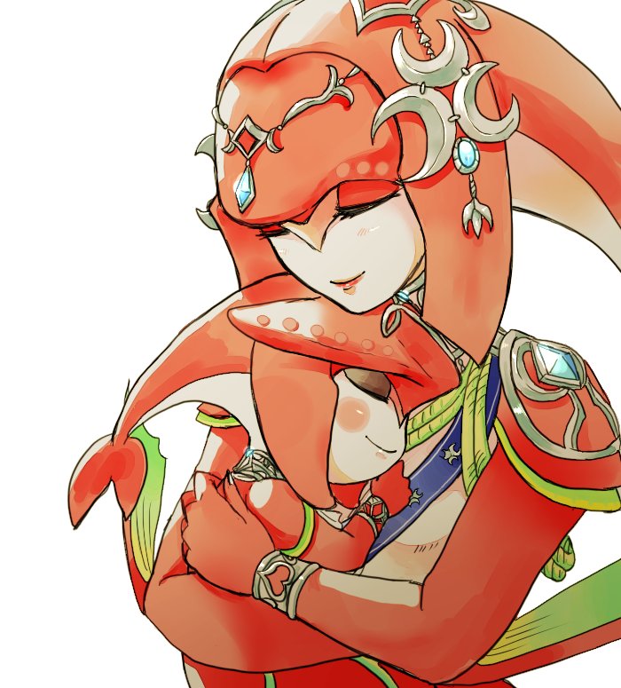 1boy 1girl blush breasts brother_and_sister closed_eyes fins fish_girl fishman hair_ornament hug jewelry mipha monster_boy monster_girl multicolored multicolored_skin no_eyebrows red_skin redhead sharp_teeth siblings sidon smile teeth the_legend_of_zelda the_legend_of_zelda:_breath_of_the_wild younger zora