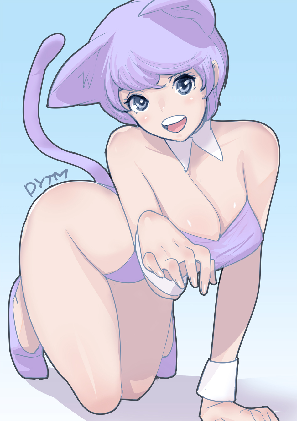 1girl :d animal_ears ass bare_shoulders blue_eyes breasts cat_ears cat_tail cleavage dtym highres kneehighs leotard looking_at_viewer open_mouth original purple_hair short_hair smile solo tail teeth wrist_cuffs