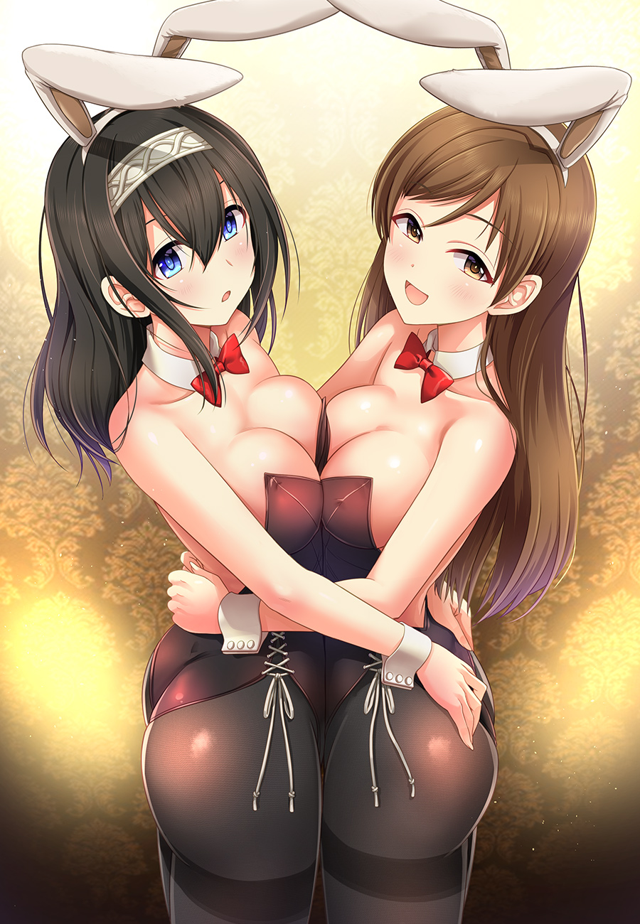 2girls animal_ears ass black_hair black_legwear blue_eyes blush bow bowtie breast_press breasts brown_eyes brown_hair bunnysuit detached_collar fake_animal_ears hairband highres idolmaster idolmaster_cinderella_girls kazu large_breasts long_hair looking_at_viewer multiple_girls nitta_minami open_mouth pantyhose rabbit_ears sagisawa_fumika smile symmetrical_docking