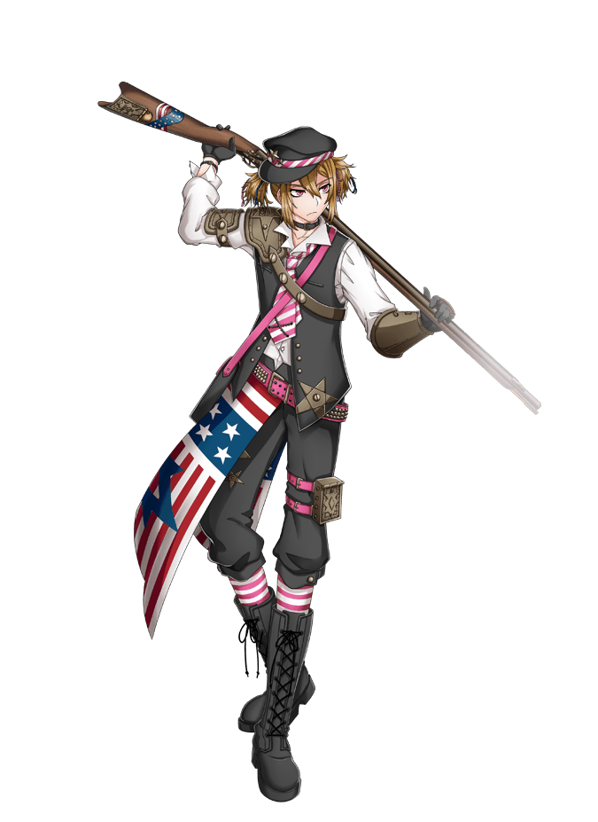 1boy american_flag antique_firearm armor belt black_footwear black_gloves blonde_hair boots buttons choker cross-laced_footwear firearm frown full_body gloves gun hat holding holding_gun holding_weapon kentucky kinoshita_sakura lace-up_boots military military_hat military_uniform necktie official_art peaked_cap pink_eyes senjyushi:_the_thousand_noble_musketeers short_twintails shoulder_armor single_gauntlet solo striped striped_legwear striped_neckwear studded_belt thigh_strap twintails uniform weapon