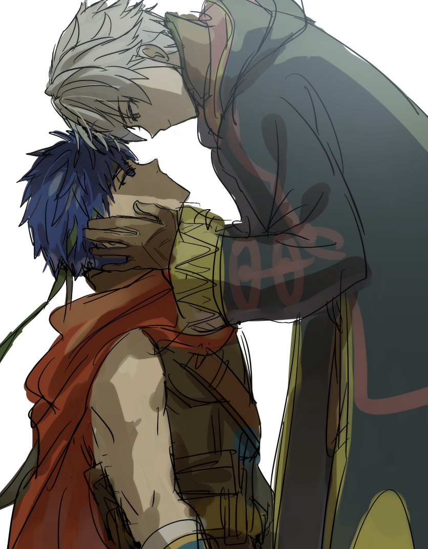 2boys armor blue_eyes blue_hair cape fire_emblem fire_emblem:_kakusei fire_emblem:_souen_no_kiseki fire_emblem_heroes gloves headband ike kometubu0712 male_focus male_my_unit_(fire_emblem:_kakusei) multiple_boys my_unit_(fire_emblem:_kakusei) robe short_hair smile super_smash_bros. white_hair yaoi