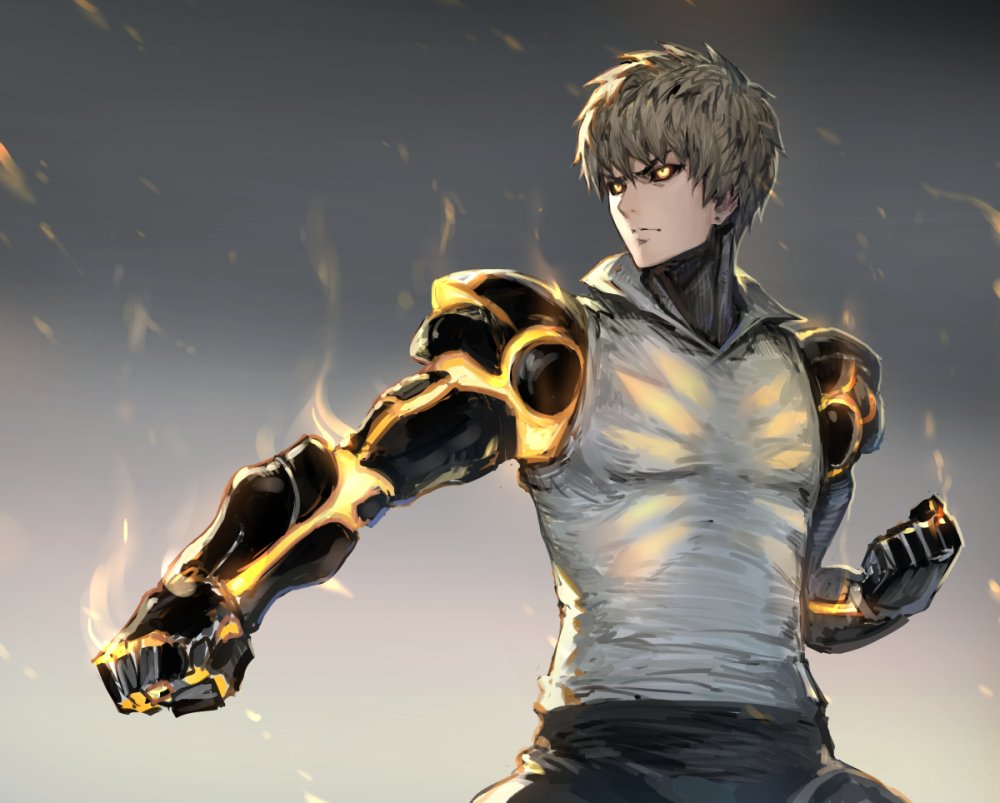 1boy black_sclera blonde_hair clenched_hands closed_mouth collared_shirt cyborg earrings fighting_stance frown genos glowing grey_background hair_between_eyes haoni jewelry male_focus mechanical_arm one-punch_man pants shirt solo sparks standing v-shaped_eyebrows white_shirt yellow_eyes