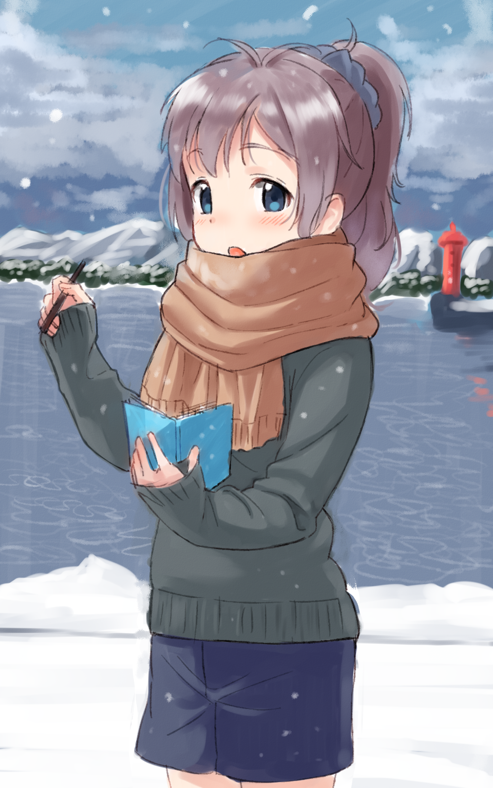 1girl :o antenna_hair aoba_(kantai_collection) bangs blue_eyes blue_scrunchie blue_shorts blue_sky blush brown_scarf clouds cloudy_sky commentary_request cowboy_shot eyebrows_visible_through_hair green_sweater hair_ornament hair_scrunchie high_ponytail highres holding holding_pen kantai_collection long_hair long_sleeves looking_at_viewer ocean outdoors parted_lips ponytail purple_hair scrunchie short_shorts shorts sky sleeves_past_wrists snow snowing solo tsukiman