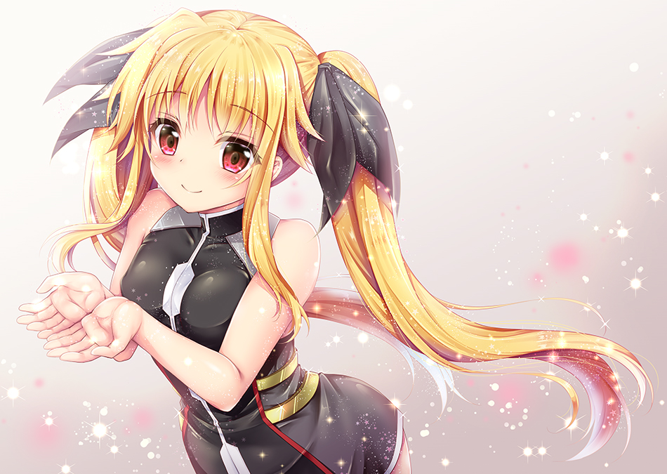 1girl bangs bare_arms bare_shoulders black_dress black_ribbon blonde_hair blush breasts closed_mouth commentary_request dress eyebrows_visible_through_hair fate_testarossa geko hair_ribbon hands_up long_hair looking_at_viewer lyrical_nanoha mahou_shoujo_lyrical_nanoha own_hands_together red_eyes ribbon sidelocks sleeveless sleeveless_dress small_breasts smile solo triangle_heart twintails very_long_hair