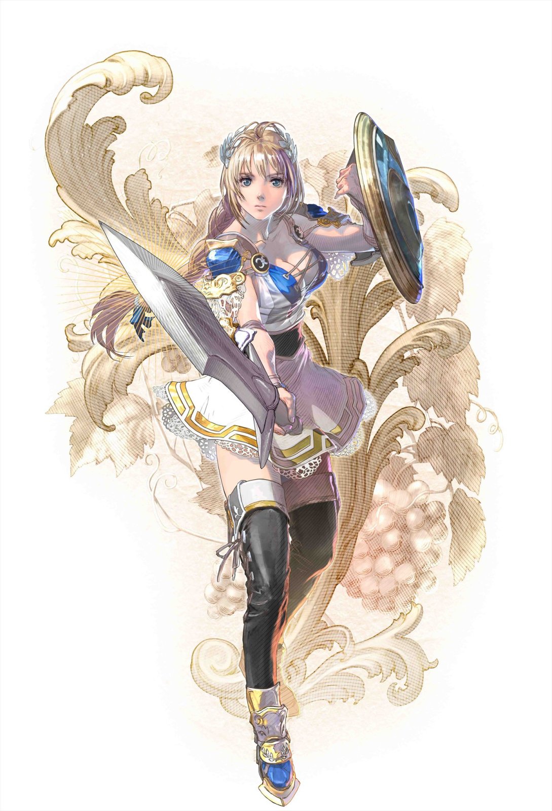 1girl artist_request blonde_hair blue_eyes braid breasts cleavage hair_ornament highres lace lace-trimmed_skirt leaf_hair_ornament long_hair looking_at_viewer official_art shield single_braid skirt solo sophitia_alexandra soul_calibur soul_calibur_vi standing sword thigh-highs weapon