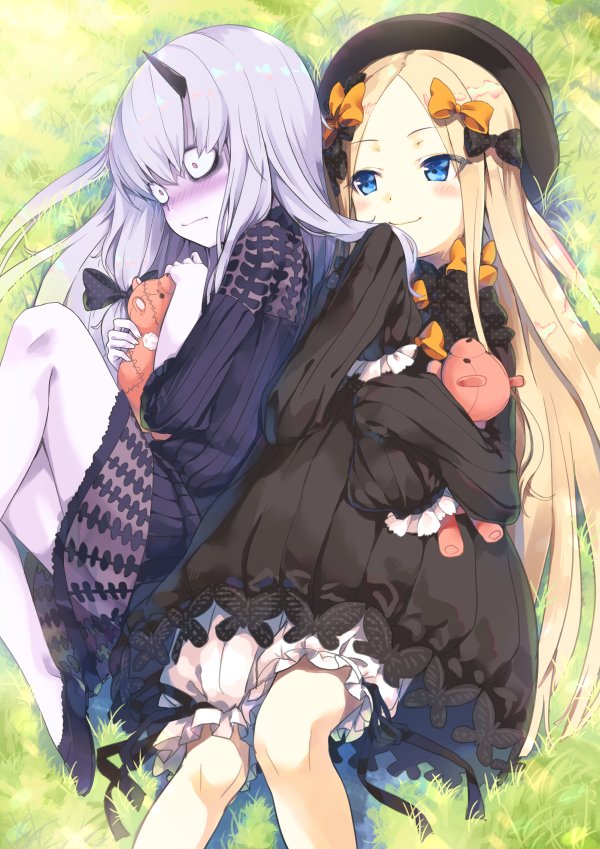 2girls abigail_williams_(fate/grand_order) bags_under_eyes bangs black_bow black_dress black_footwear black_hat blonde_hair bloomers blue_eyes blush bow butterfly closed_mouth commentary_request cura day dress eyebrows_visible_through_hair fate/grand_order fate_(series) grass hair_bow hands_in_sleeves hat horn lavinia_whateley_(fate/grand_order) long_hair long_sleeves looking_at_another looking_at_viewer looking_to_the_side lying multiple_girls nose_blush object_hug on_back on_grass on_side orange_bow outdoors parted_bangs pink_eyes polka_dot polka_dot_bow shoes silver_hair smile stuffed_animal stuffed_toy teddy_bear underwear very_long_hair white_bloomers wide-eyed