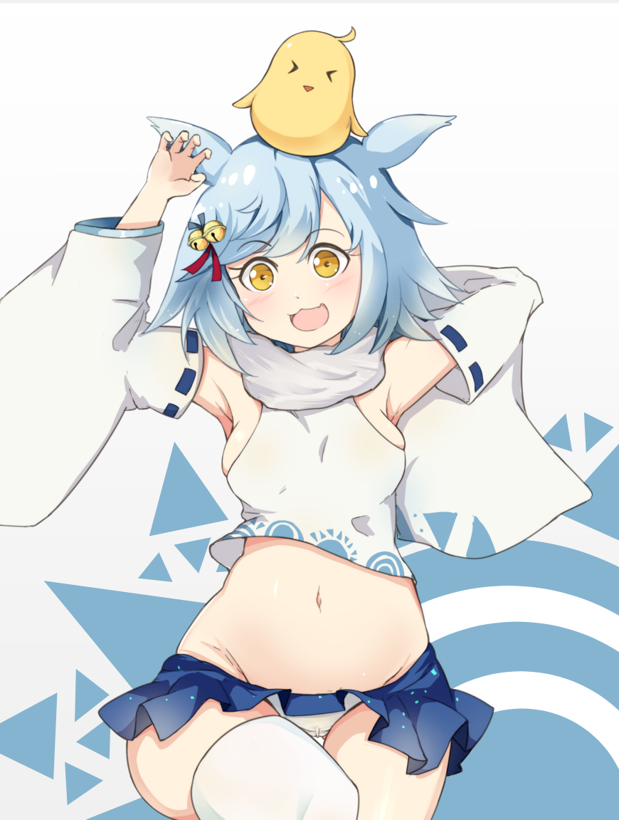 1girl animal animal_on_head azur_lane beathell blue_hair chick_on_head closed_eyes cowboy_shot detached_sleeves fang fubuki_(azur_lane) on_head open_mouth panties pleated_skirt scarf short_hair simple_background single_thighhigh skirt smile solo thigh-highs underwear white_legwear white_panties white_scarf yellow_eyes