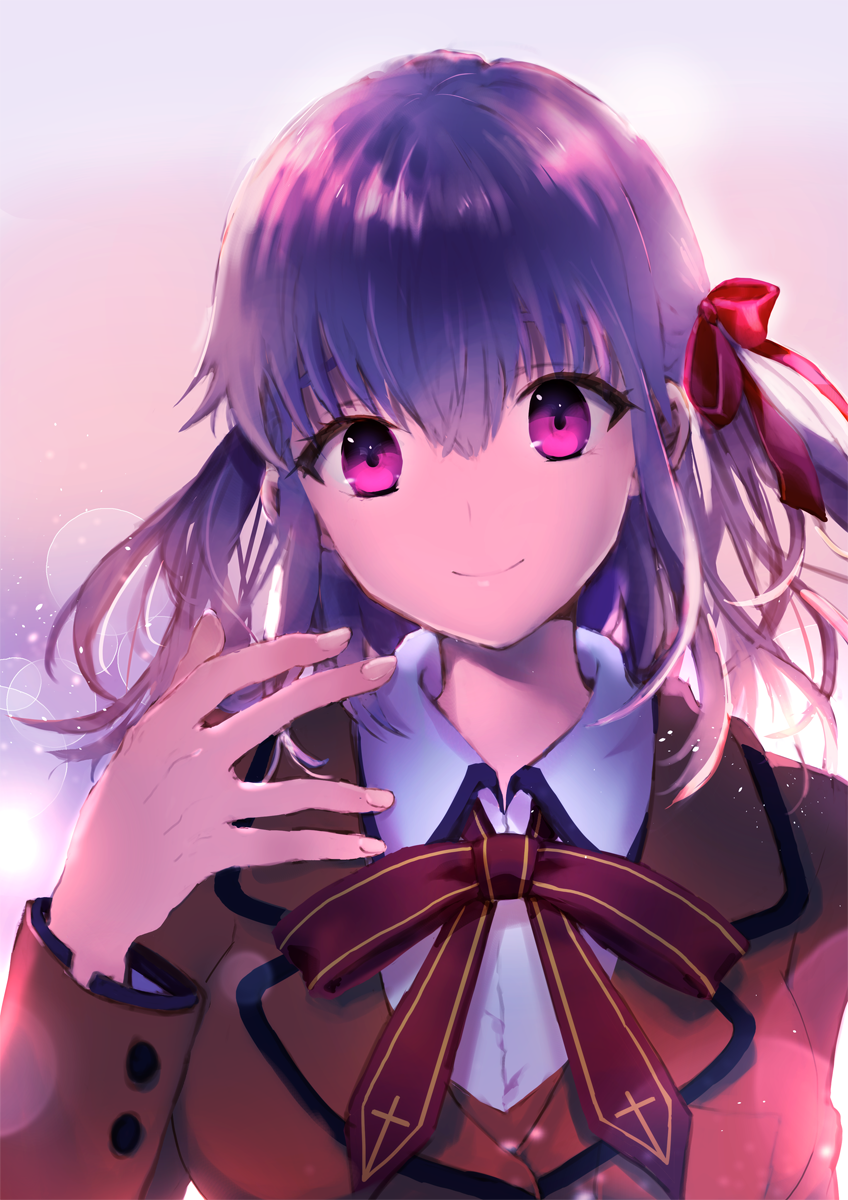 1girl black_ribbon fate/stay_night fate_(series) floating_hair hair_between_eyes hair_ribbon highres lens_flare long_hair looking_at_viewer matou_sakura neck_ribbon purple_hair red_ribbon ribbon school_uniform sha2mo shirt smile solo upper_body violet_eyes white_shirt