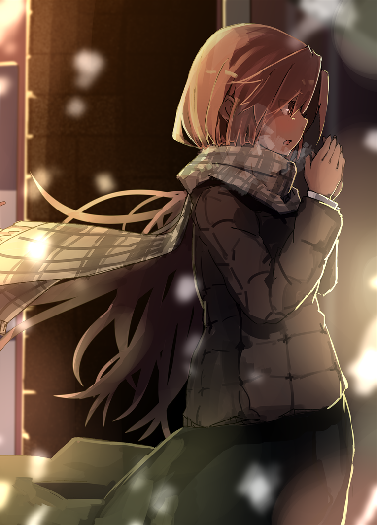 1girl coat cold commentary_request dark_skin from_side futatsuki_eru hands_up long_hair long_sleeves night original outdoors own_hands_together plaid plaid_scarf red_eyes redhead scarf skirt snowing solo very_long_hair winter