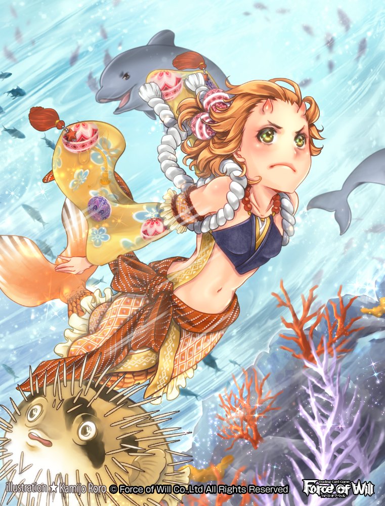 1girl artist_name bare_shoulders blonde_hair copyright_name coral dolphin fish force_of_will green_eyes horns japanese_clothes kamijororo mermaid midriff monster_girl navel official_art solo underwater