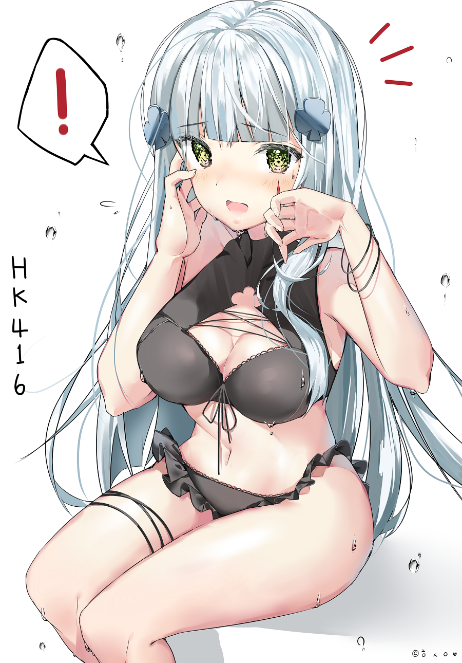 ! 1girl bangs bikini black_bikini blunt_bangs breasts cleavage cleavage_cutout cowboy_shot eyebrows_visible_through_hair frilled_bikini frills girls_frontline green_eyes h_shai hair_ornament highres hk416_(girls_frontline) invisible_chair long_hair looking_at_viewer silver_hair simple_background sitting solo spoken_exclamation_mark swimsuit white_background