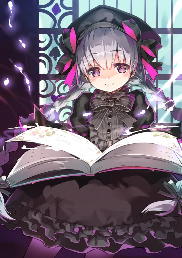 1girl black_dress book bow bowtie braid character_request closed_mouth cowboy_shot cura dress eyebrows_visible_through_hair fate/grand_order fate_(series) frilled_dress frills gothic_lolita grey_neckwear hat holding holding_book juliet_sleeves lolita_fashion long_hair long_sleeves magic open_book puffy_sleeves silver_hair smile solo twin_braids very_long_hair violet_eyes window