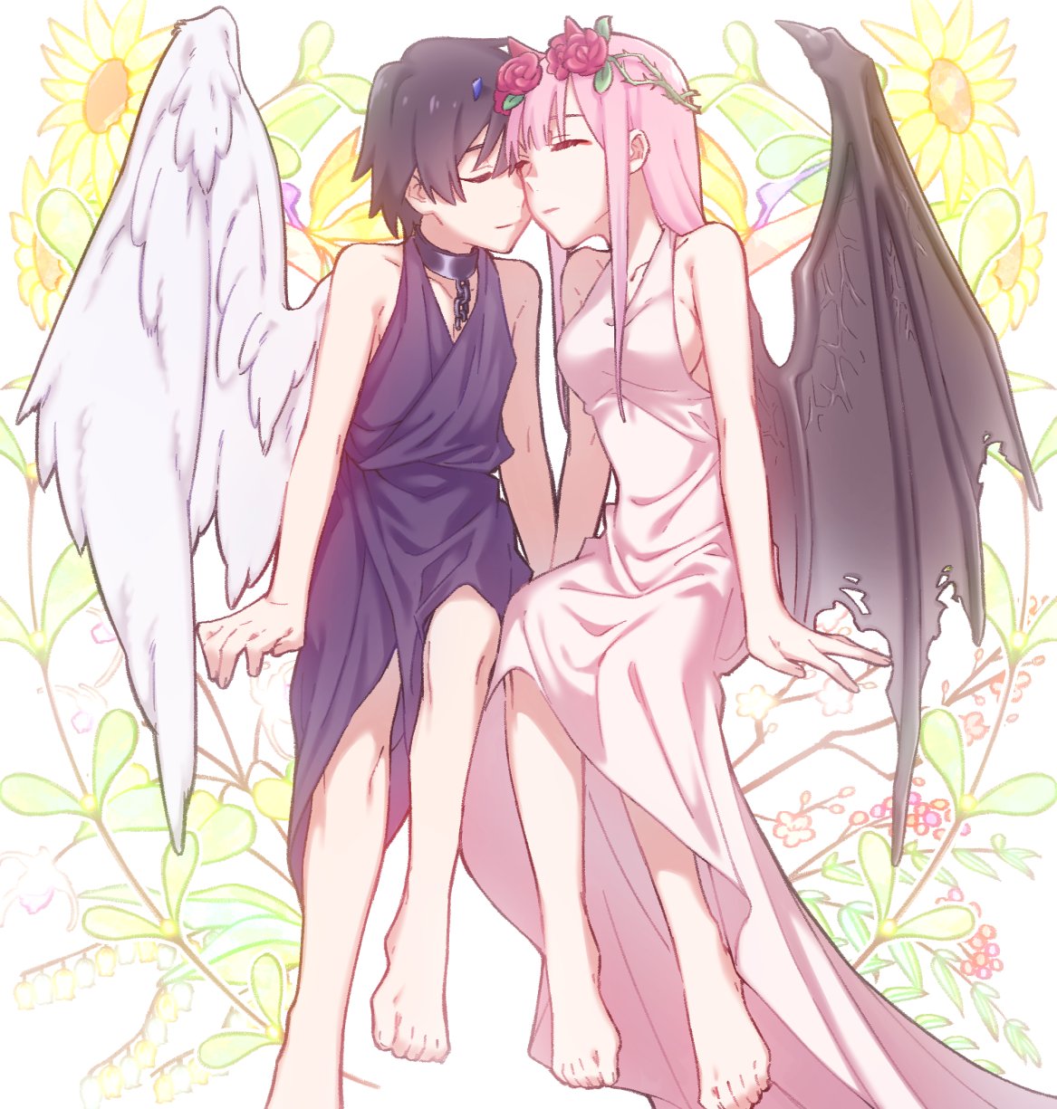1boy 1girl angel_wings bangs barefoot black_collar black_hair black_wing blue_horns breasts chain_necklace chains cleavage closed_eyes collar collarbone commentary_request couple darling_in_the_franxx demon_wings dress flower forehead-to-forehead hair_flower hair_ornament hetero highres hiro_(darling_in_the_franxx) horns jewelry leje39 long_hair medium_breasts necklace oni_horns pink_dress pink_hair red_horns short_hair single_wing sitting sleeveless sleeveless_dress wings zero_two_(darling_in_the_franxx)