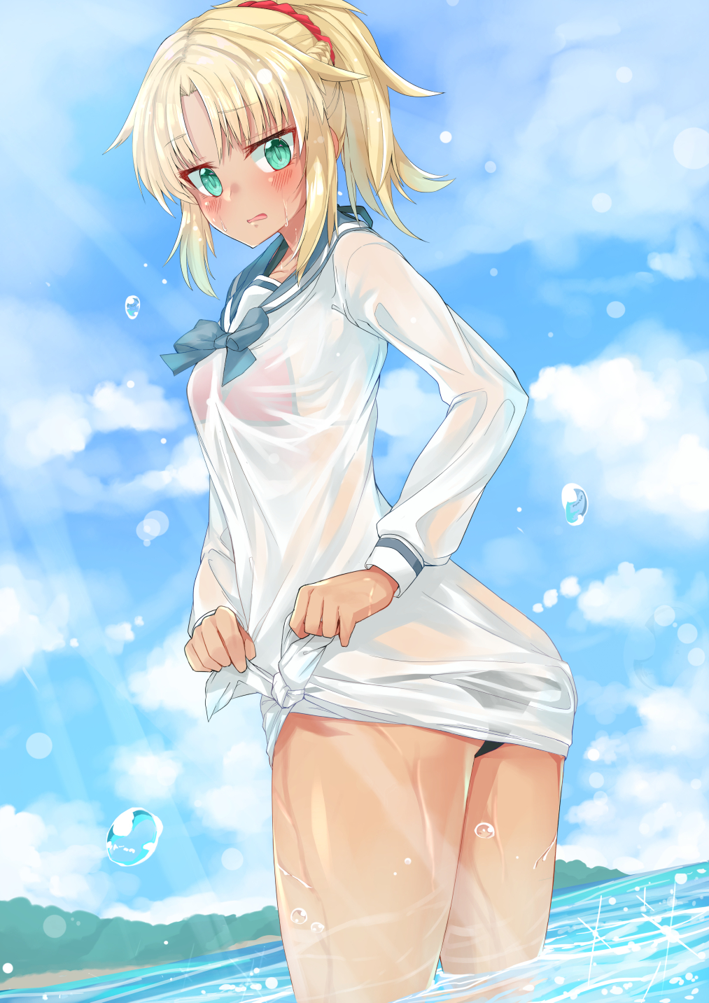 1girl bikini blonde_hair blush braid chausson commentary_request dress embarrassed fate/grand_order fate_(series) french_braid green_eyes hair_ornament hair_scrunchie highres looking_at_viewer looking_back mordred_(fate) mordred_(fate)_(all) mordred_(swimsuit_rider)_(fate) ocean partially_submerged ponytail red_bikini sailor_dress scrunchie see-through solo standing swimsuit swimsuit_under_clothes water wet wet_clothes