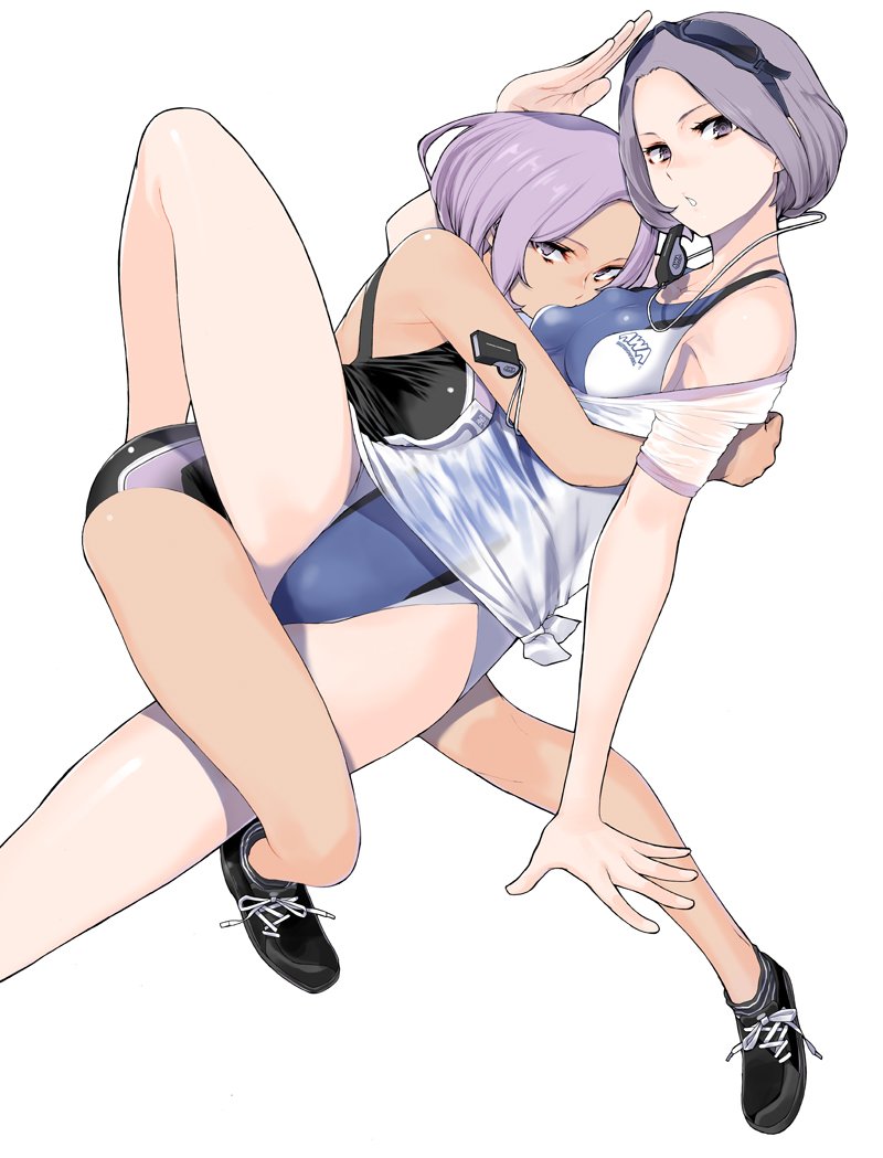 2girls character_request competition_swimsuit multiple_girls one-piece_swimsuit pale_skin purple_hair salute short_hair simple_background swimsuit violet_eyes whistle yasuda_suzuhito yozakura_quartet