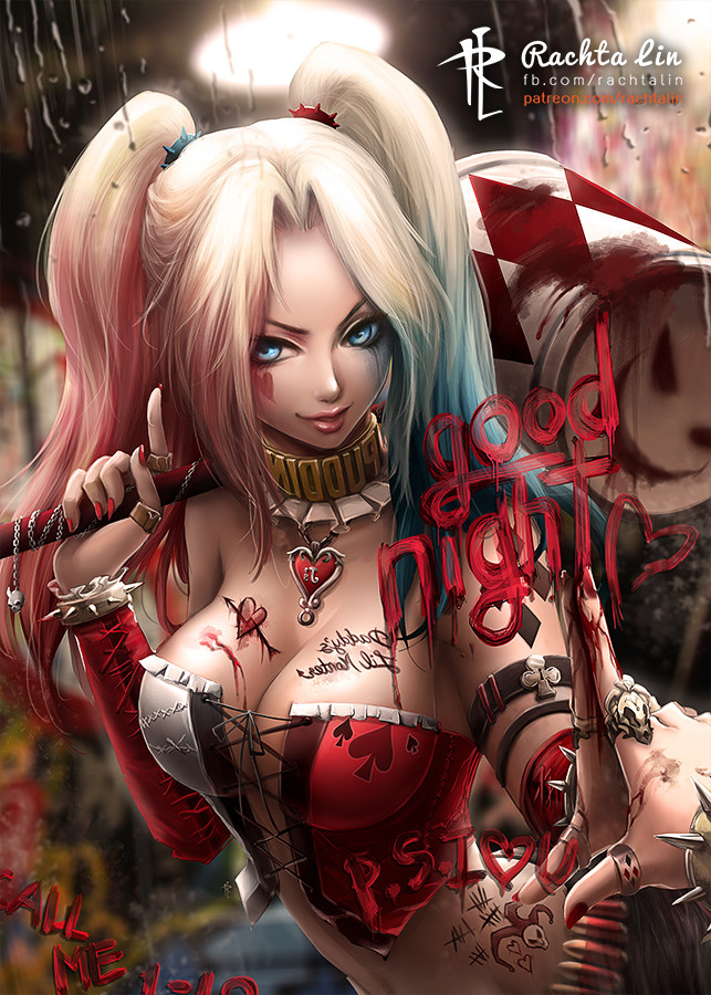 1girl artist_name batman_(series) blonde_hair blue_eyes blue_hair bracelet breasts collar dc_comics detached_sleeves english harley_quinn jewelry large_breasts mallet midriff mirror multicolored_hair nail_polish pink_hair rachta_lin red_nails reflection solo spiked_bracelet spikes tally twintails watermark web_address