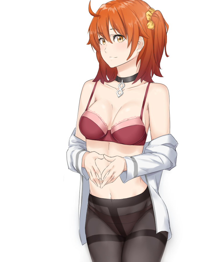 1girl ahoge blush bra breasts brown_hair choker cleavage collarbone cowboy_shot dress_shirt eyebrows_visible_through_hair fate/grand_order fate_(series) fujimaru_ritsuka_(female) groin hair_between_eyes hair_ornament hair_scrunchie long_hair looking_at_viewer medium_breasts midriff navel open_clothes open_shirt panties panties_under_pantyhose pantyhose red_bra saruno_(eyesonly712) scrunchie shirt side_ponytail simple_background smile solo standing stomach underwear white_background white_shirt yellow_eyes yellow_scrunchie