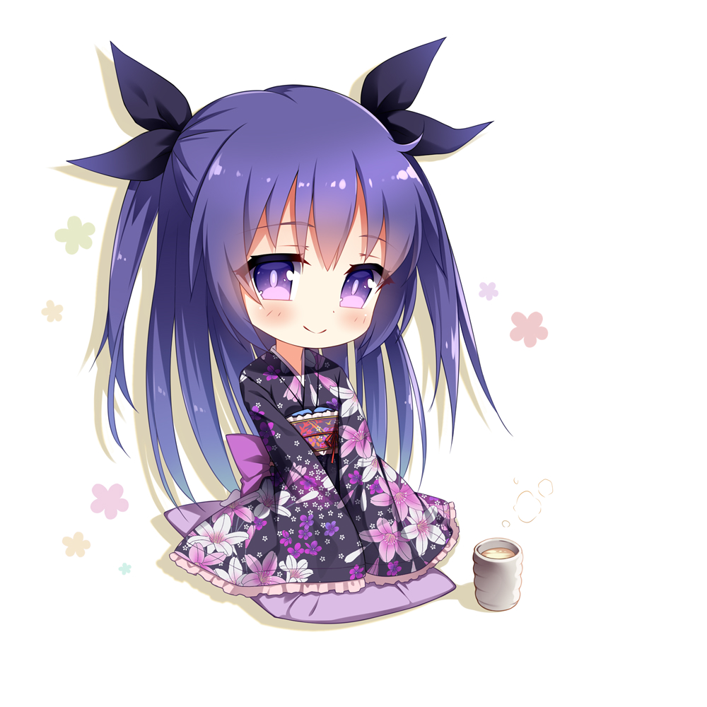 1girl bangs black_ribbon blush bow chibi closed_mouth commentary_request cup eyebrows_visible_through_hair floral_print hair_between_eyes hair_ribbon japanese_clothes kimono long_sleeves looking_at_viewer obi original print_kimono purple_bow purple_hair purple_kimono ribbon sash sitting smile solo steam tea two_side_up violet_eyes white_background white_legwear wide_sleeves xia_xiang_(ozicha) yunomi zabuton