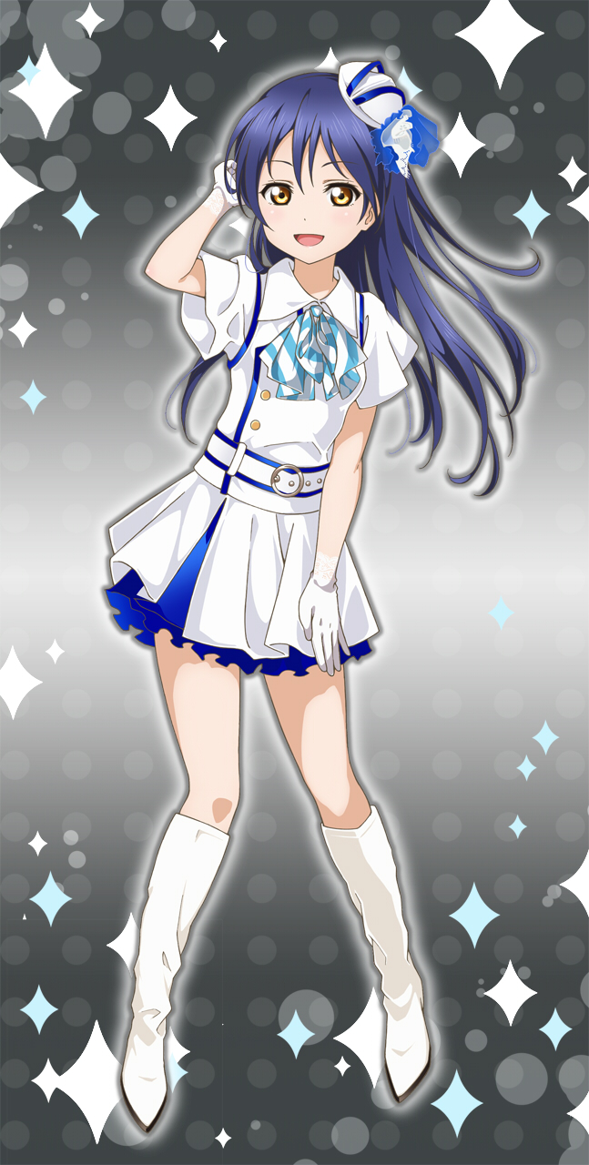 1girl artist_request bangs belt blue_hair boots commentary_request dress gloves hair_between_eyes hand_in_hair hat highres jewelry long_hair love_live! love_live!_school_idol_project mimori_suzuko necklace open_mouth short_sleeves simple_background smile solo sonoda_umi striped_neckwear white_background white_dress white_footwear white_gloves yellow_eyes