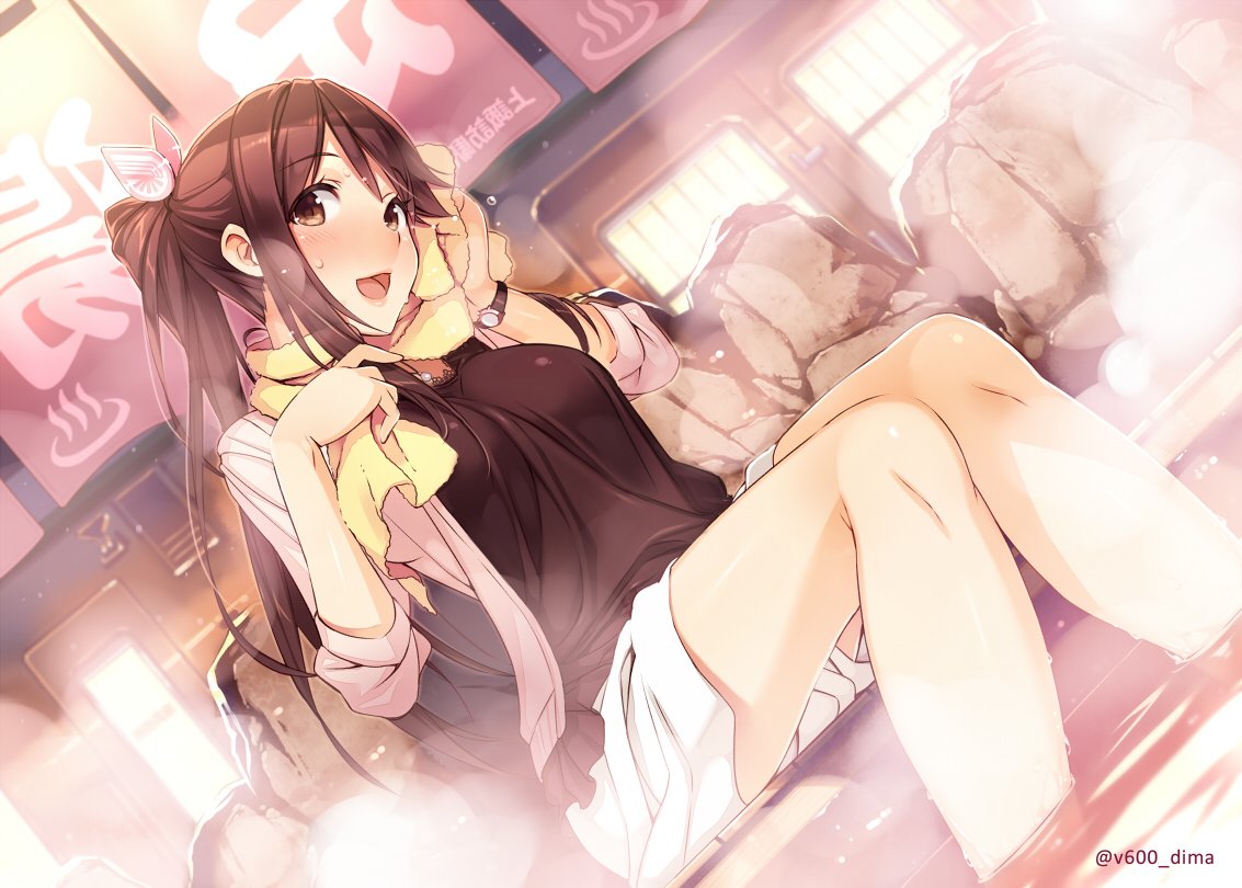 1girl :d alternate_hairstyle blush breasts brown_eyes brown_hair dutch_angle end_card hair_ornament iida_nana long_hair looking_at_viewer medium_breasts onsen open_mouth ponytail rail_wars! revision shirt sitting skirt smile soaking_feet solo steam sweat towel towel_around_neck vania600 watch watch water wet