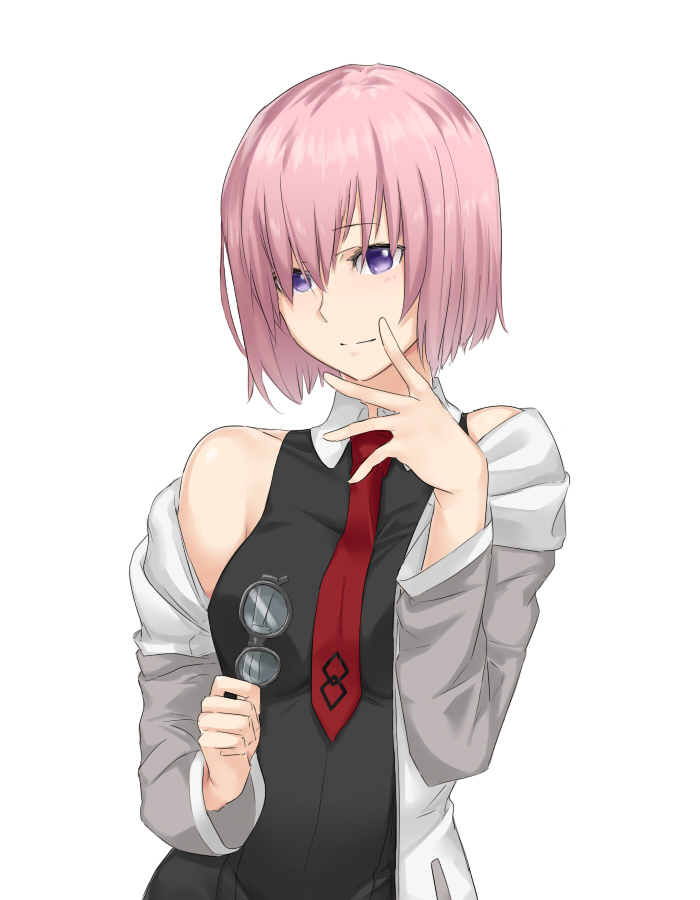 1girl black_dress blue_eyes dress eyebrows_visible_through_hair fate/grand_order fate_(series) glasses hair_between_eyes holding_eyewear looking_at_viewer mash_kyrielight necktie pink_hair red_neckwear saruno_(eyesonly712) short_hair simple_background sleeveless sleeveless_dress smile solo standing upper_body white_background