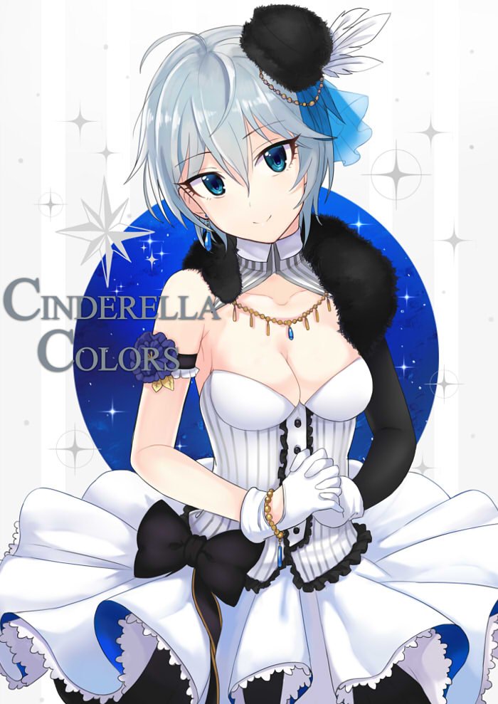 1girl ahoge anastasia_(idolmaster) ashita_(2010) black_hat blue_eyes breasts cleavage commentary_request dress fur_trim gloves hat idolmaster idolmaster_cinderella_girls jewelry medium_breasts necklace short_hair smile solo white_dress white_gloves