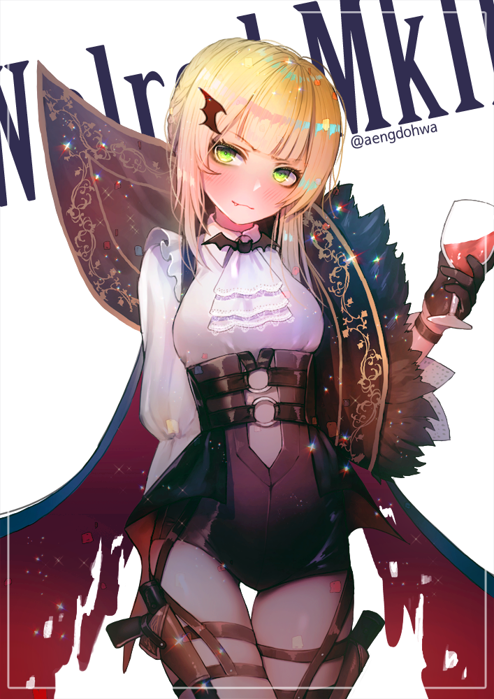 1girl :3 bangs black_gloves black_leotard blonde_hair blouse blunt_bangs blush cape character_name closed_mouth cowboy_shot cup drinking_glass fang_out fur_trim girls_frontline gloves green_eyes gun half_gloves halloween_costume hanato_(seonoaiko) handgun holster leotard long_hair long_sleeves pistol sidelocks smile solo thigh_gap thigh_holster thighs twitter_username underbust weapon welrod welrod_mk2_(girls_frontline) white_blouse wine_glass