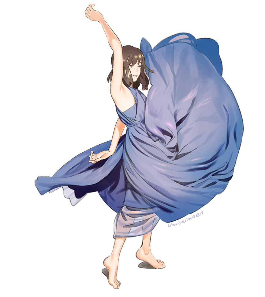 1girl :d arm_behind_back arm_up armpits bare_arms bare_shoulders barefoot black_eyes blue_dress brown_hair dancing dress full_body long_dress open_mouth original short_hair signature simple_background smile solo standing tiptoes umishima_senbon white_background wind wind_lift
