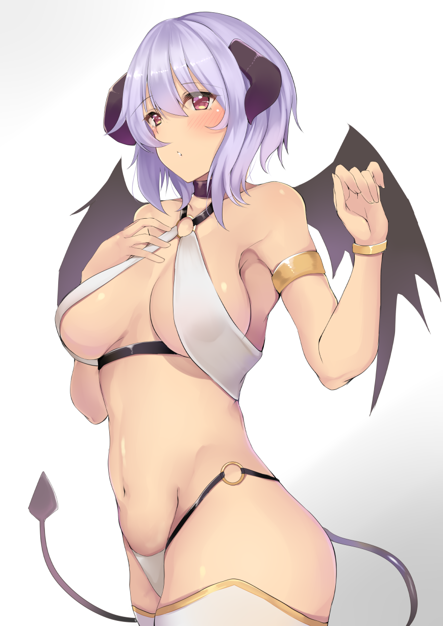 1girl ashino bangs bikini blush breasts brown_eyes demon_horns demon_tail demon_wings eyebrows_visible_through_hair from_side gradient gradient_background halter_top halterneck hands_up highres horns large_breasts navel o-ring_top original parted_lips purple_hair short_hair sidelocks solo swimsuit tail tareme thigh-highs thighs white_bikini white_legwear wings