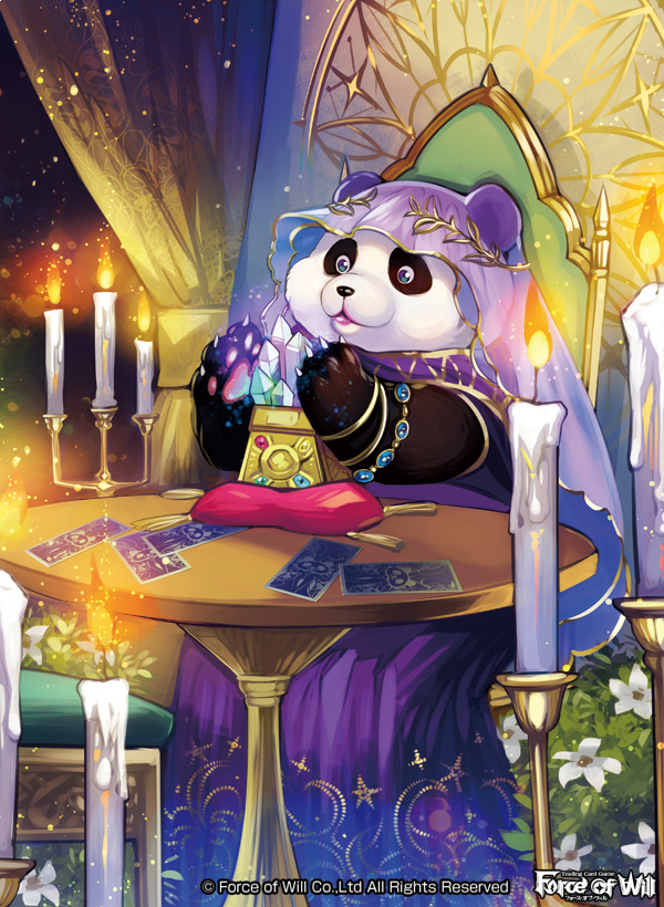 1girl blue_eyes candle card copyright_name crystal curtains fire flower force_of_will furry gem jewelry leaf lipstick makeup matsurika_youko necklace official_art panda sitting tarot veil