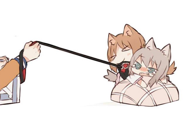 3girls animal_ears blush brown_hair casual dog_ears fud girls_und_panzer itsumi_erika kemonomimi_mode leash multiple_girls nishizumi_maho nishizumi_miho short_hair tears