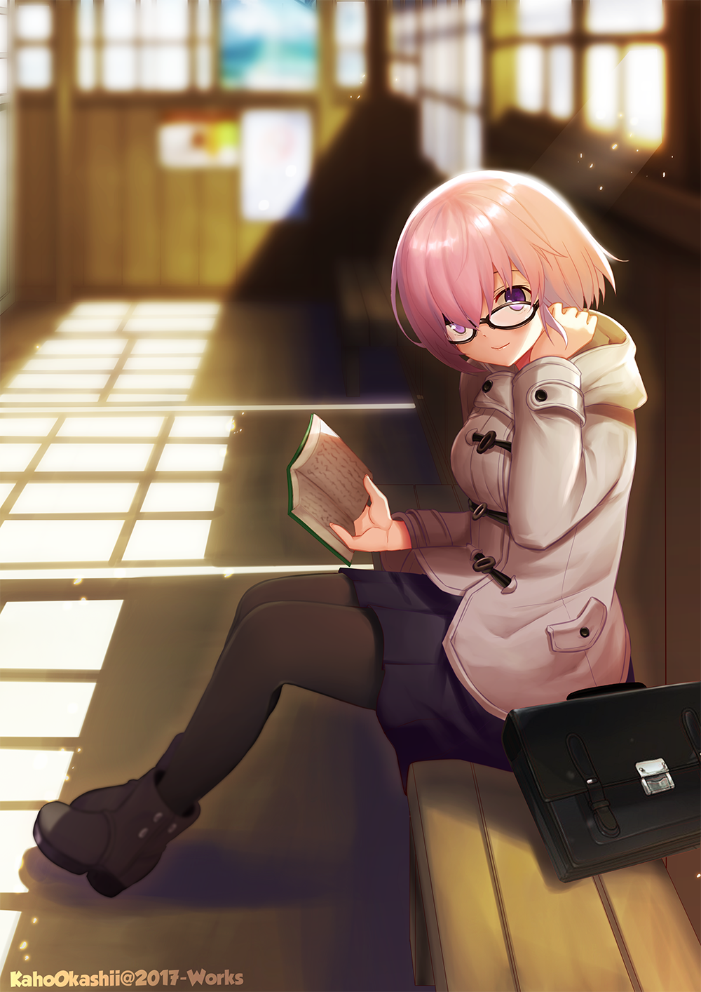 1girl ankle_boots artist_name bench black-framed_eyewear black_footwear black_legwear blurry blurry_background blush book boots closed_mouth day depth_of_field duffel_coat fate/grand_order fate_(series) from_side full_body glasses grey_coat hair_over_one_eye hallway hand_on_own_neck highres holding holding_book hooded_coat indoors kaho_okashii legs_together long_sleeves looking_at_viewer looking_to_the_side mash_kyrielight medium_skirt open_book pantyhose pink_hair purple_skirt school school_briefcase short_hair sitting skirt smile solo sunlight window