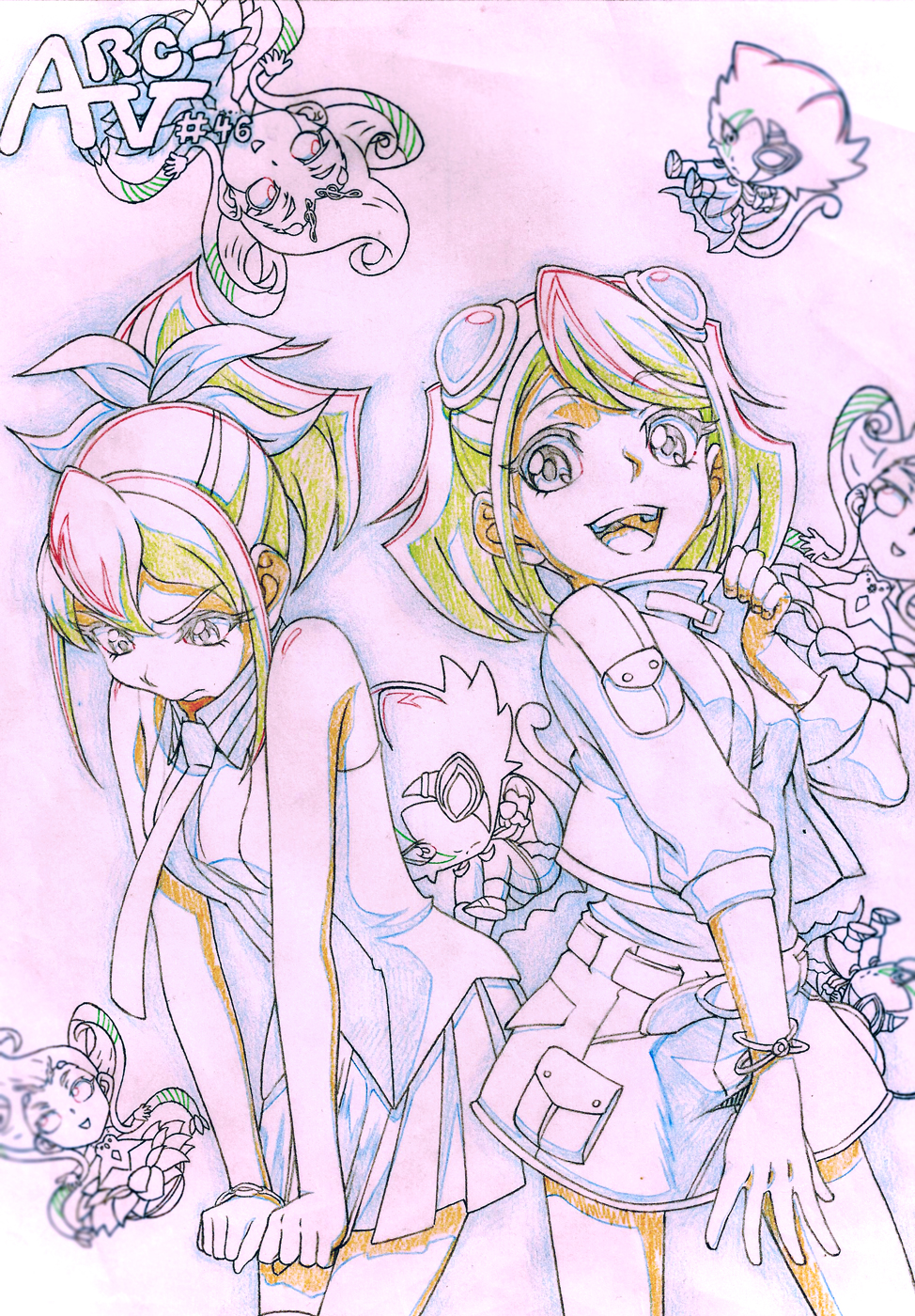 2girls bow bracelet bracelet_girls colored_pencil_(medium) duel_monster graphite_(medium) hair_bow highres hiiragi_yuzu jacket jewelry looking_at_viewer multiple_girls necktie ponytail serena_(yuu-gi-ou_arc-v) shirt short_hair shorts siblings sisters traditional_media twin_switch twins twintails wakewaka yu-gi-oh! yuu-gi-ou_arc-v