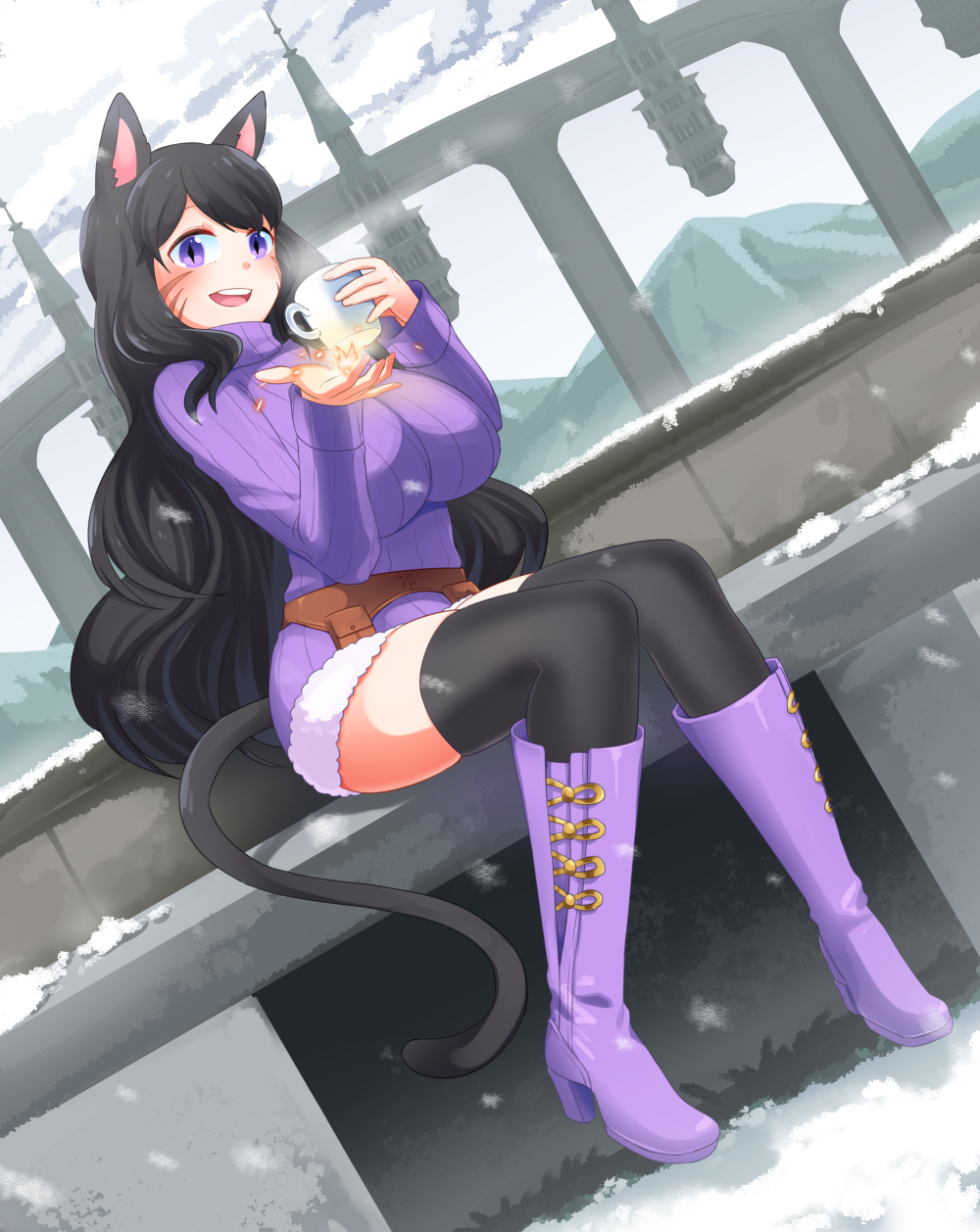 1girl animal_ears background belt black_hair boots breasts bridge cat_ears cat_tail clouds cloudy_sky cup final_fantasy final_fantasy_xiv fire highres huge_breasts landscape long_hair miqo'te mountain mug outdoors pouch ribbed_sweater scenery sitting sky snow snowing solo sweater tail thigh-highs violet_eyes wsyl_(artist) zettai_ryouiki