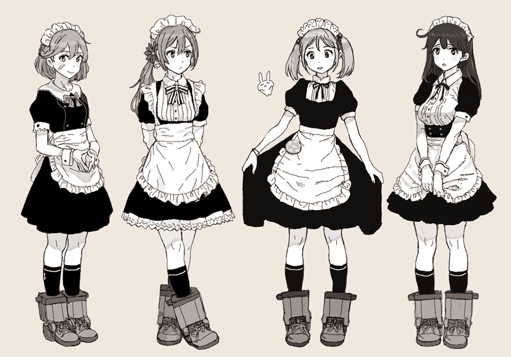 4girls ahoge akebono_(kantai_collection) anchor_print apron arms_behind_back bandaid bandaid_on_face bangs bell boots bow breasts dress flower frilled_dress frills gufu6 hair_bell hair_bobbles hair_flower hair_ornament hairband hands_together jingle_bell kantai_collection large_breasts long_hair looking_at_viewer maid maid_apron maid_headdress multiple_girls oboro_(kantai_collection) open_mouth puffy_short_sleeves puffy_sleeves rabbit sazanami_(kantai_collection) short_hair short_sleeves side_ponytail skirt_hold smile socks tan_background twintails ushio_(kantai_collection) wrist_cuffs