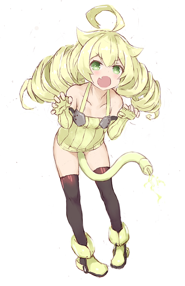 1girl :o ahoge animal_ears azur_lane bangs bare_shoulders between_legs black_legwear blonde_hair blush boots cat_ears cat_girl cat_tail character_request claw_pose collarbone drill_hair elbow_gloves electricity eyebrows_visible_through_hair fang fingerless_gloves full_body gloves goekawa green_eyes hair_between_eyes halter_top halterneck leaning_forward long_hair looking_at_viewer no_pants open_mouth simple_background solo standing sweater tail tail_between_legs thigh-highs trial_bullin_mkii_(azur_lane) twin_drills white_background yellow_footwear yellow_gloves yellow_sweater