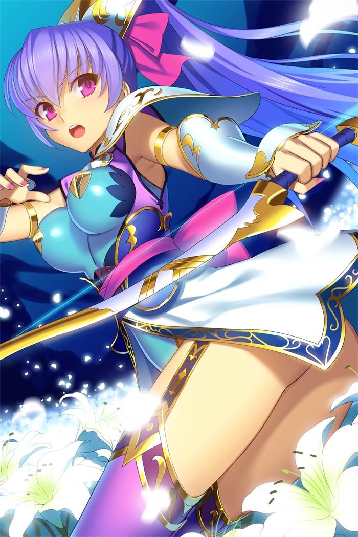 1girl aqua_leotard ass breasts copy detached_sleeves field flower flower_field garter_straps holding holding_sword holding_weapon leotard lily_(flower) medium_breasts official_art open_mouth pauldrons ponytail purple_hair purple_legwear solo sword teeth thighs violet_eyes weapon white_flower yangsion