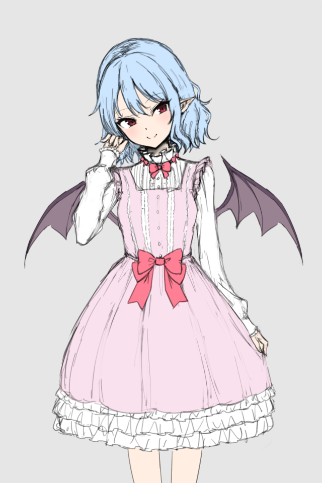 1girl alternate_costume bat_wings blue_hair grey_background junior27016 looking_at_viewer pointy_ears redhead remilia_scarlet simple_background solo standing touhou wings