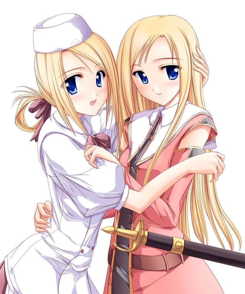 arte_lasmoon blonde_hair blue_eyes blush cradle_song hair_ribbon hug hugging jpeg_artifacts long_hair multiple_girls nurse ribbon selenia_lasmoon sheath smile sword tenmaso weapon