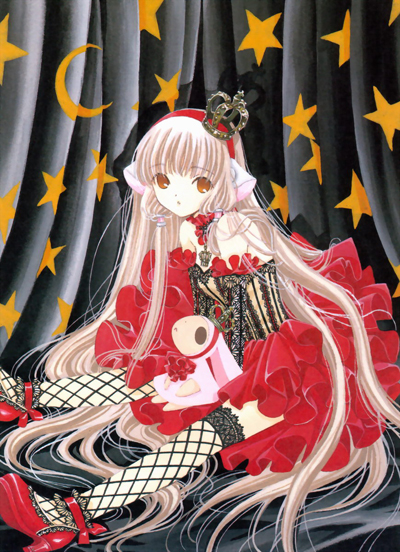 blonde_hair brown_eyes bustier chii chobits fishnets gothic long_hair persocom sitting