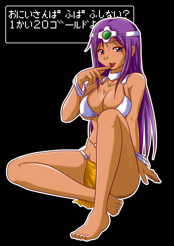 barefoot blush bracelet breasts circlet cleavage dark_skin dragon_quest dragon_quest_iv earrings enno feet jewelry large_breasts loincloth long_hair manya necklace purple_eyes purple_hair tongue translated translation_request violet_eyes
